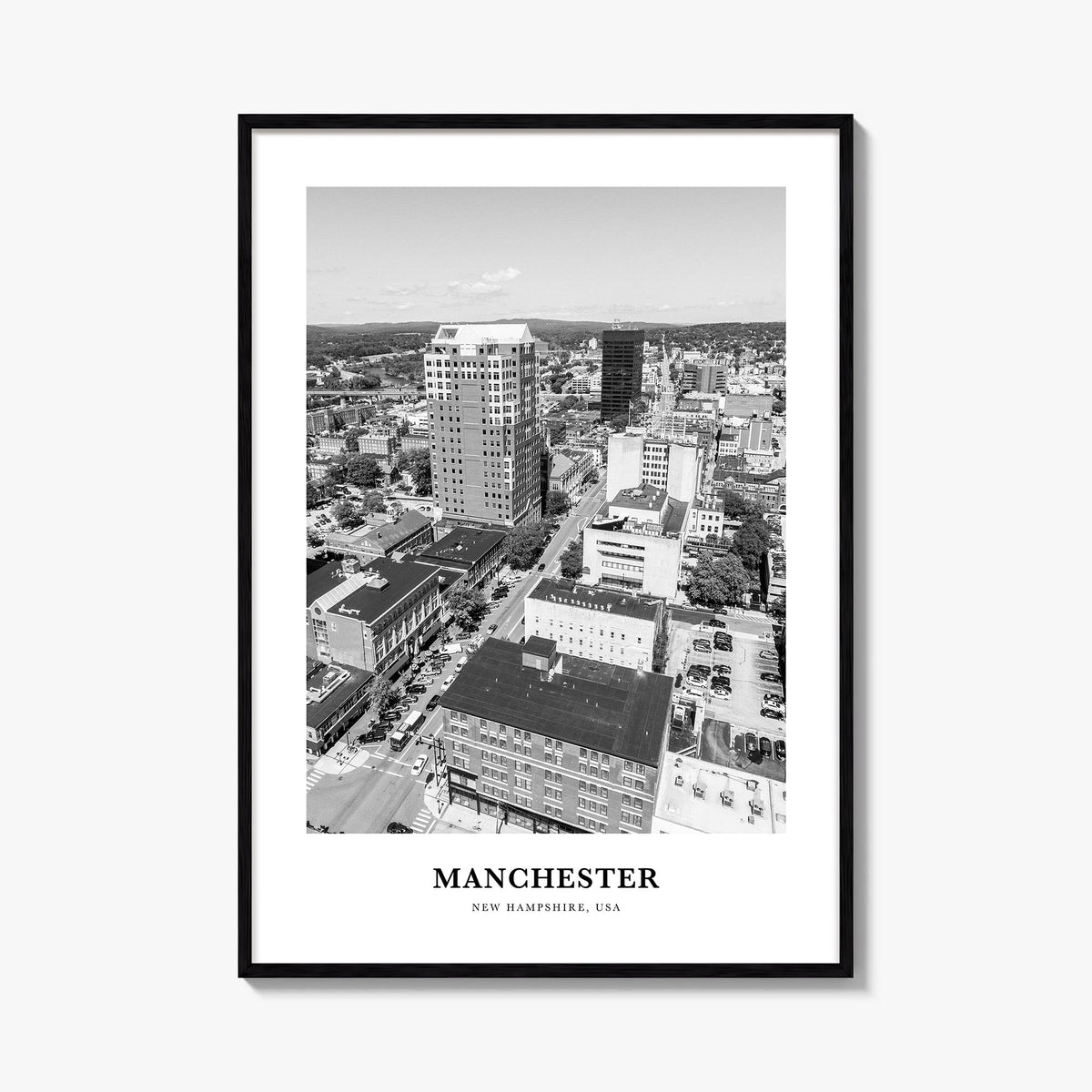 Manchester, New Hampshire black & white classic poster of New Hampshire, USA – vertical wall art, unframed print shown in int