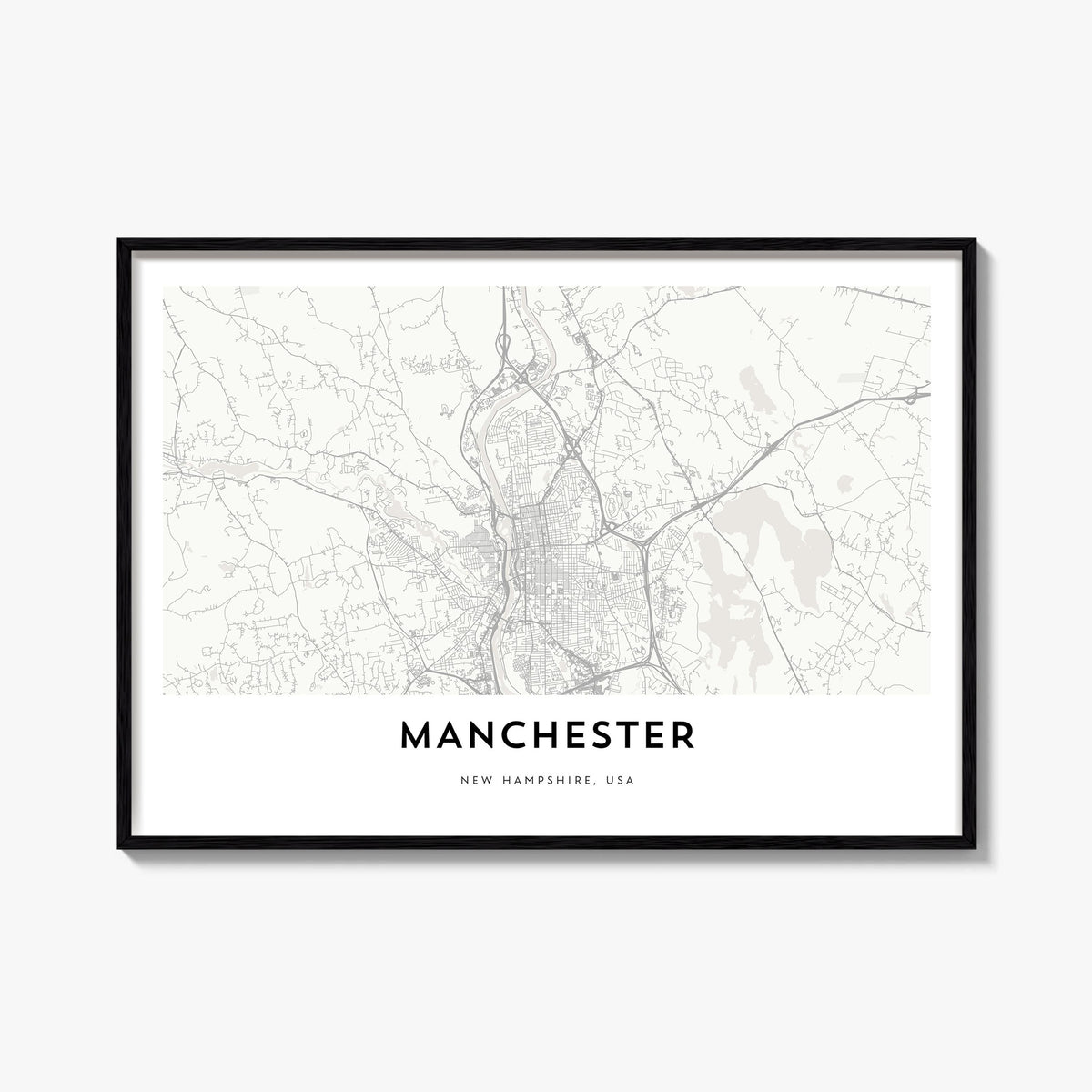 Manchester, New Hampshire black & white map poster of New Hampshire, USA – horizontal wall art, unframed print shown in inter