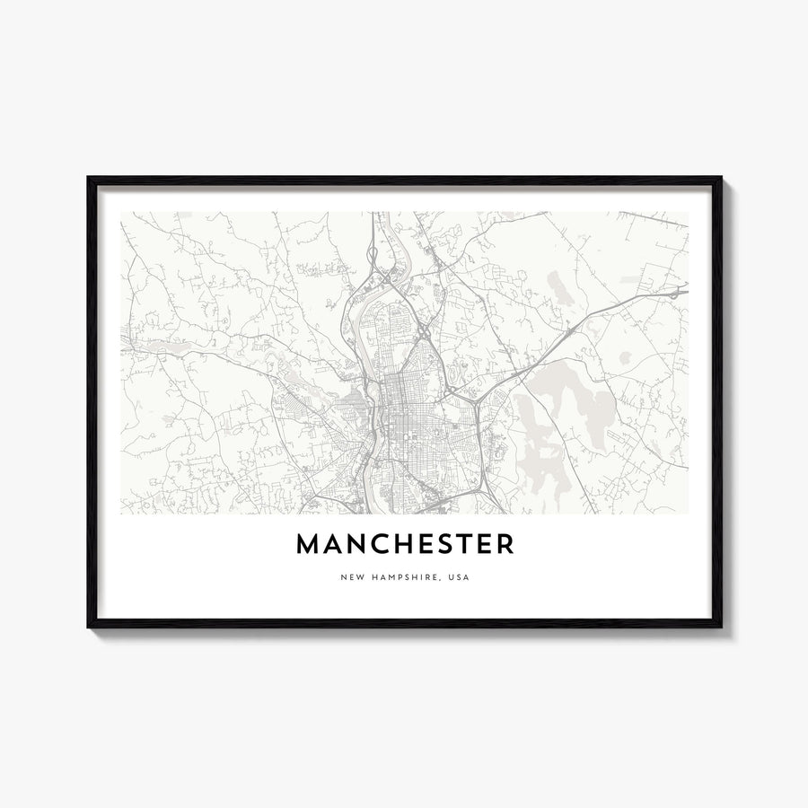 Manchester, New Hampshire black & white map poster of New Hampshire, USA – horizontal wall art, unframed print shown in inter