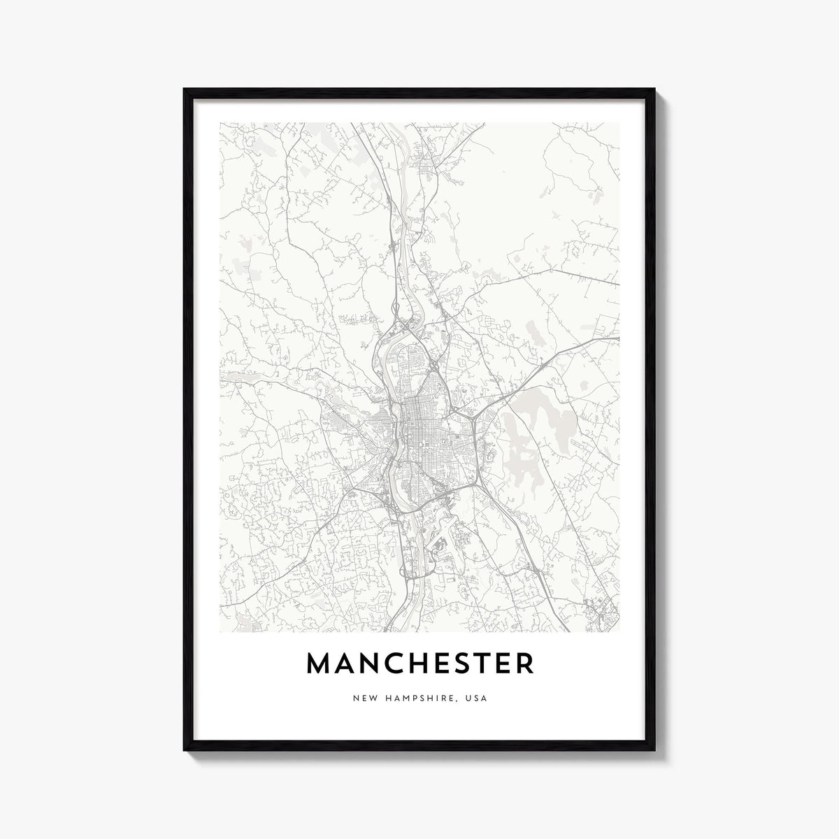 Manchester, New Hampshire black & white map poster of New Hampshire, USA – vertical wall art, unframed print shown in interio