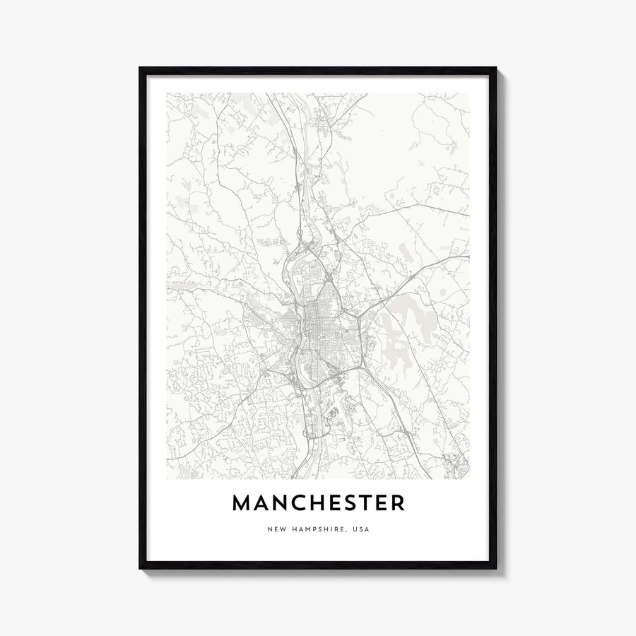 Manchester, New Hampshire black & white map poster of New Hampshire, USA – vertical wall art, unframed print shown in interio