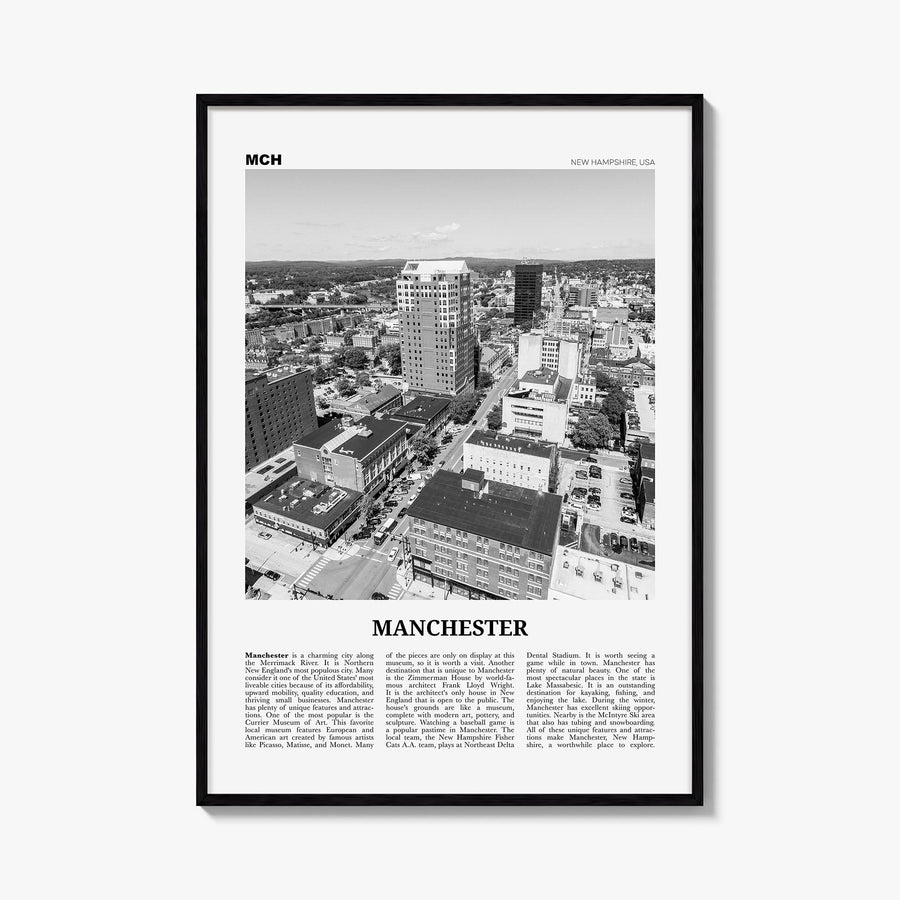 Manchester, New Hampshire black & white newspaper poster of New Hampshire, USA – vertical wall art, unframed print shown in i