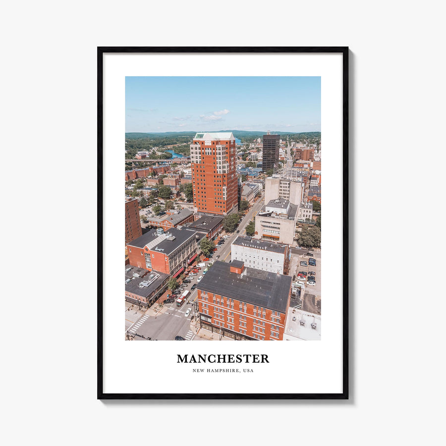 Manchester, New Hampshire colorful classic poster of New Hampshire, USA – vertical wall art, unframed print shown in interior
