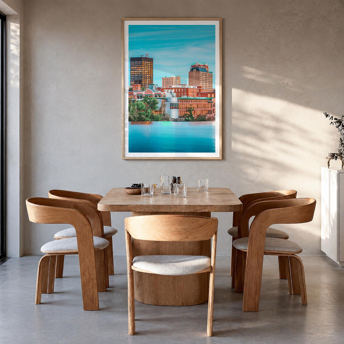 Manchester, New Hampshire colorful photo poster of New Hampshire, USA – vertical wall art in natural wood frame with white bo