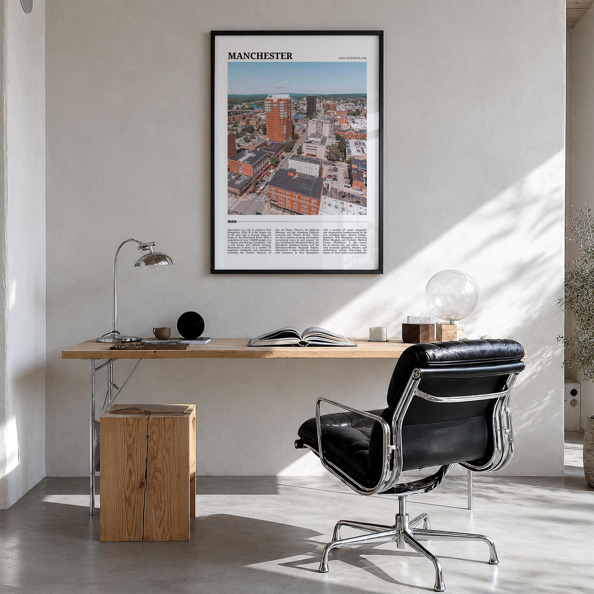 Manchester, New Hampshire colorful travel poster of New Hampshire, USA – vertical wall art in black wood frame, hanging on wa