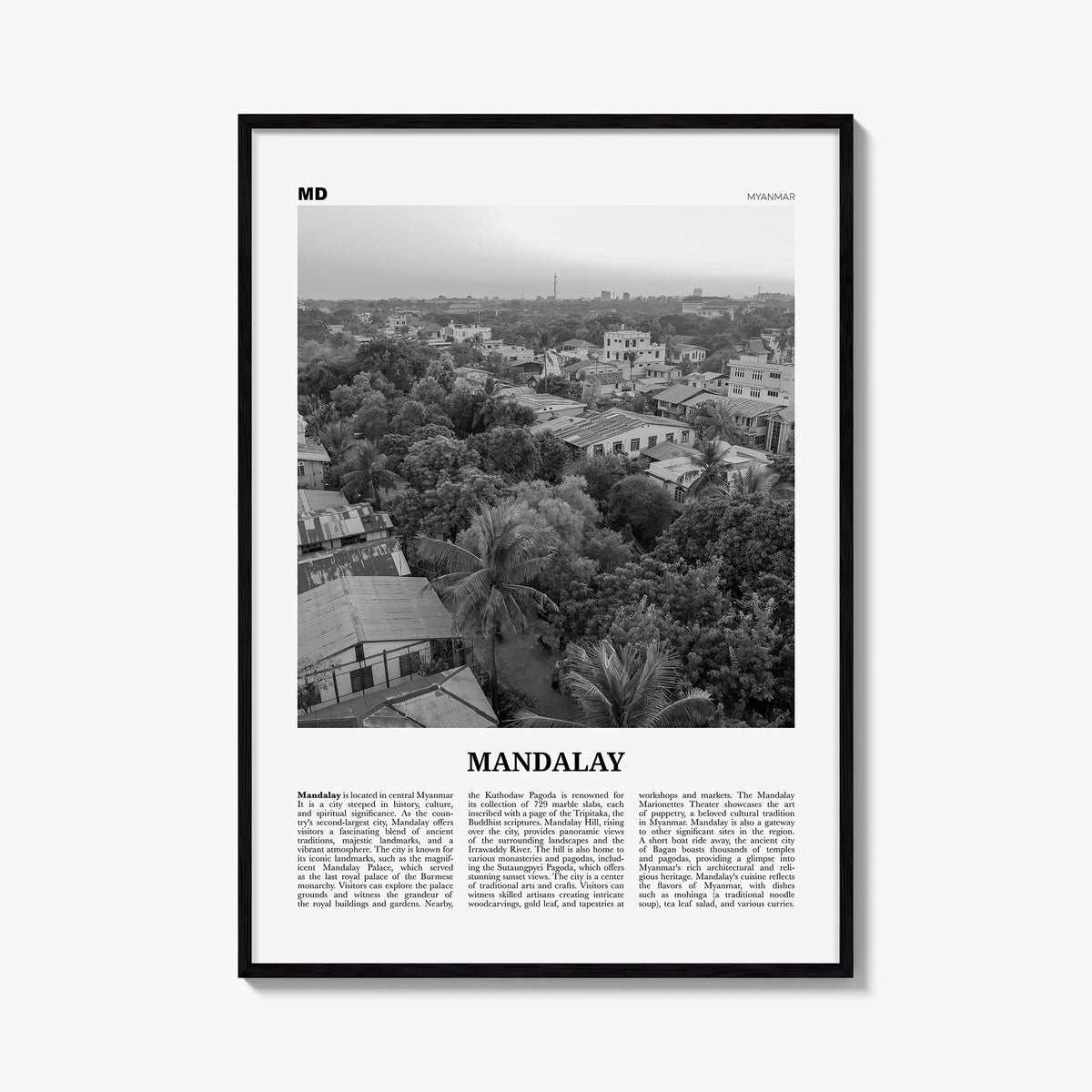 Mandalay black & white newspaper poster of Myanmar – vertical wall art, unframed print shown in interior mockup