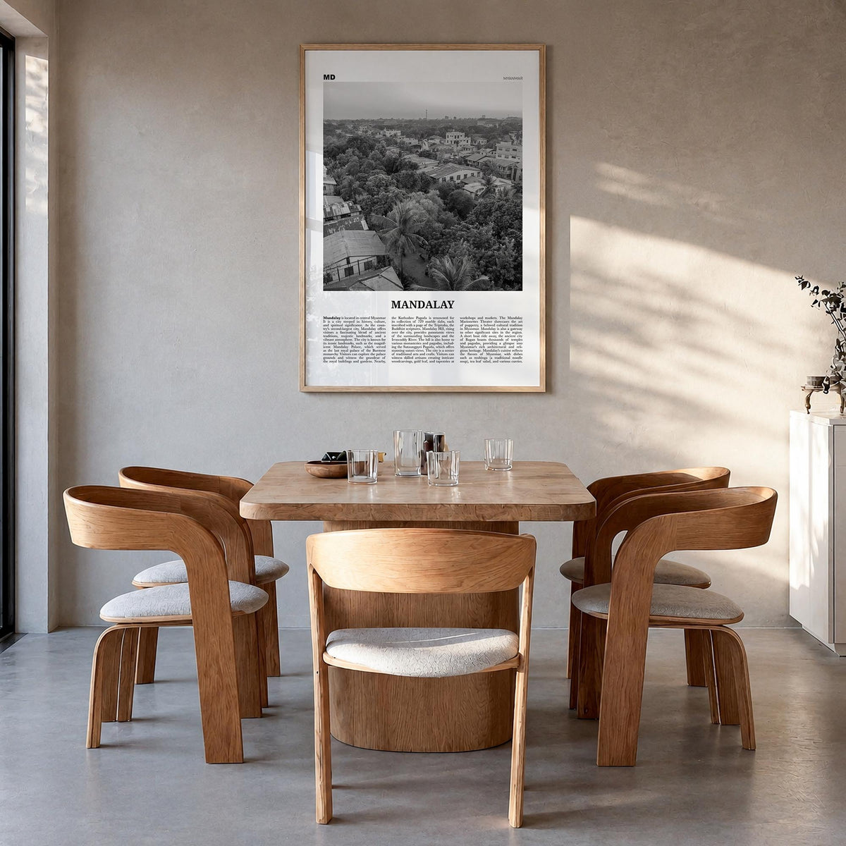 Mandalay black & white newspaper poster of Myanmar – vertical wall art in natural wood frame, hanging on wall