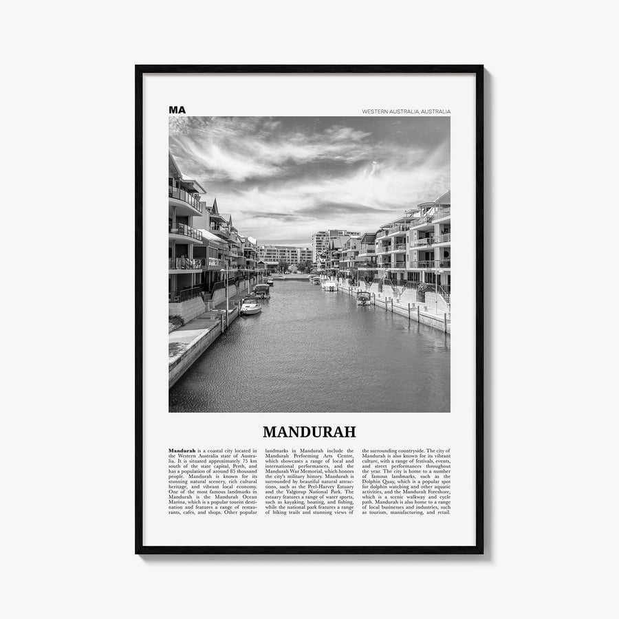 Mandurah black & white newspaper poster of Australia – vertical wall art, unframed print shown in interior mockup