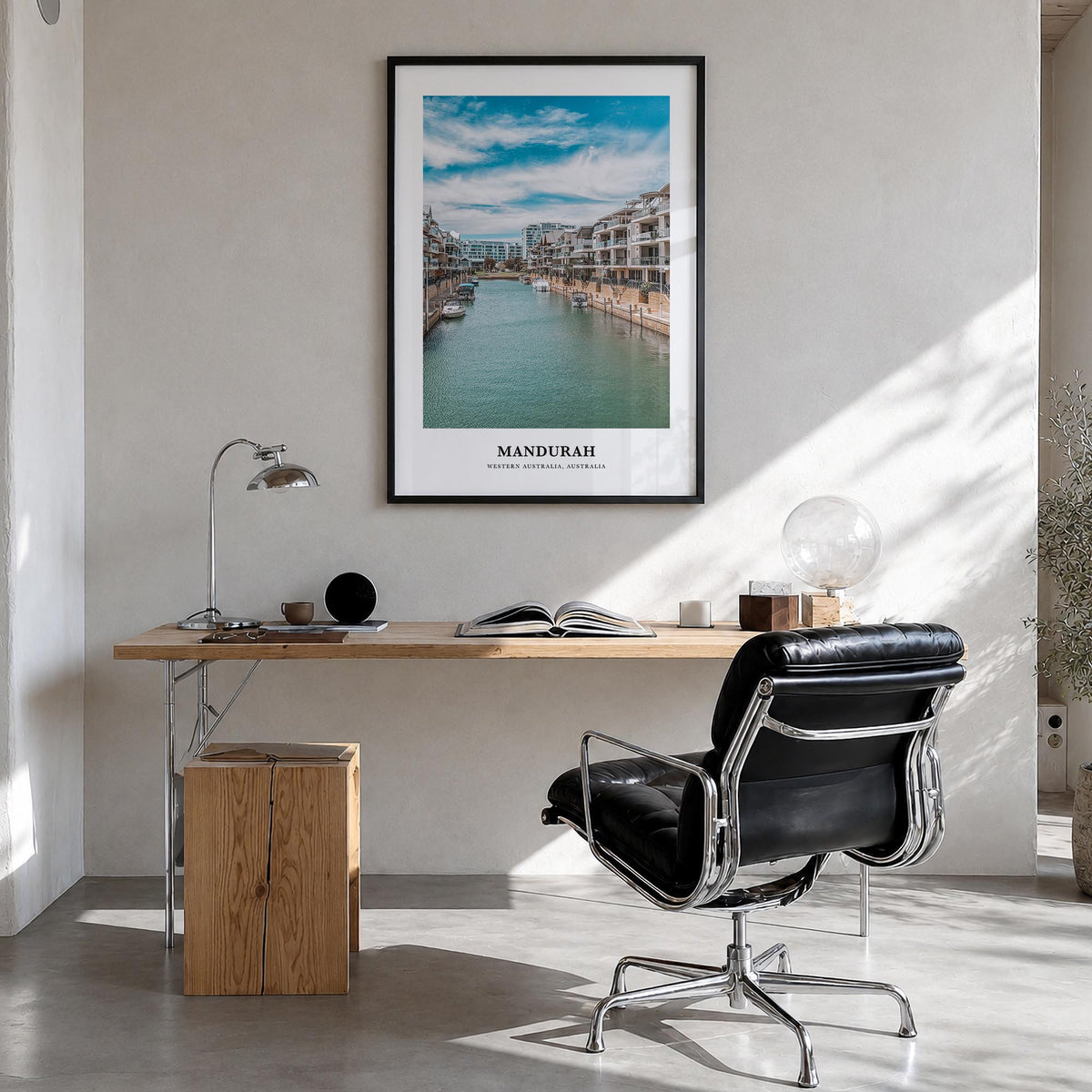 Mandurah colorful classic poster of Australia – vertical wall art in black wood frame, hanging on wall