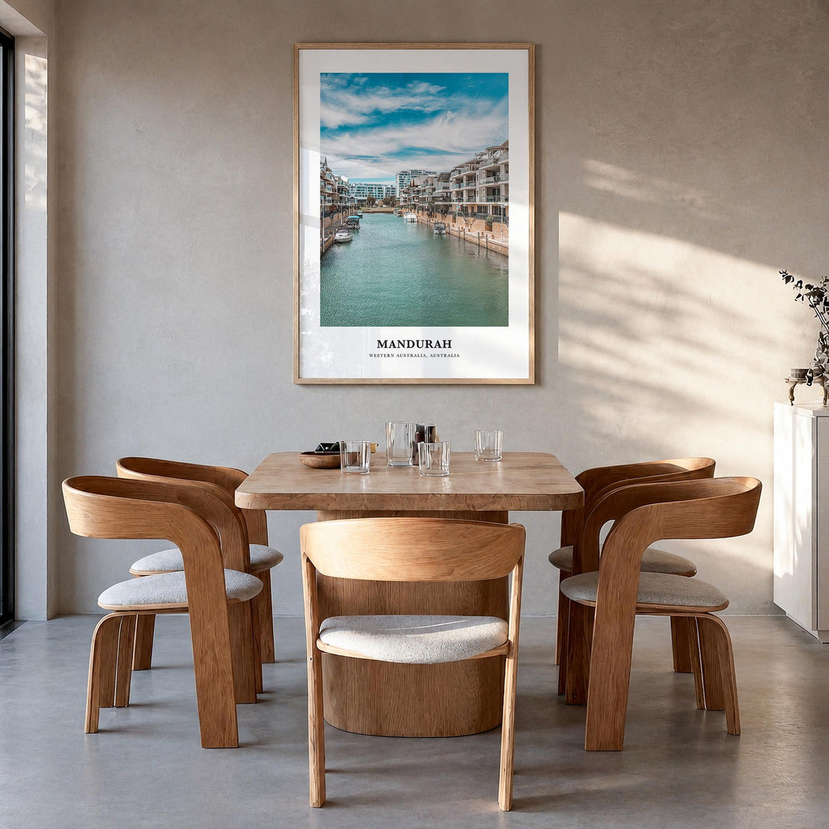 Mandurah colorful classic poster of Australia – vertical wall art in natural wood frame, hanging on wall