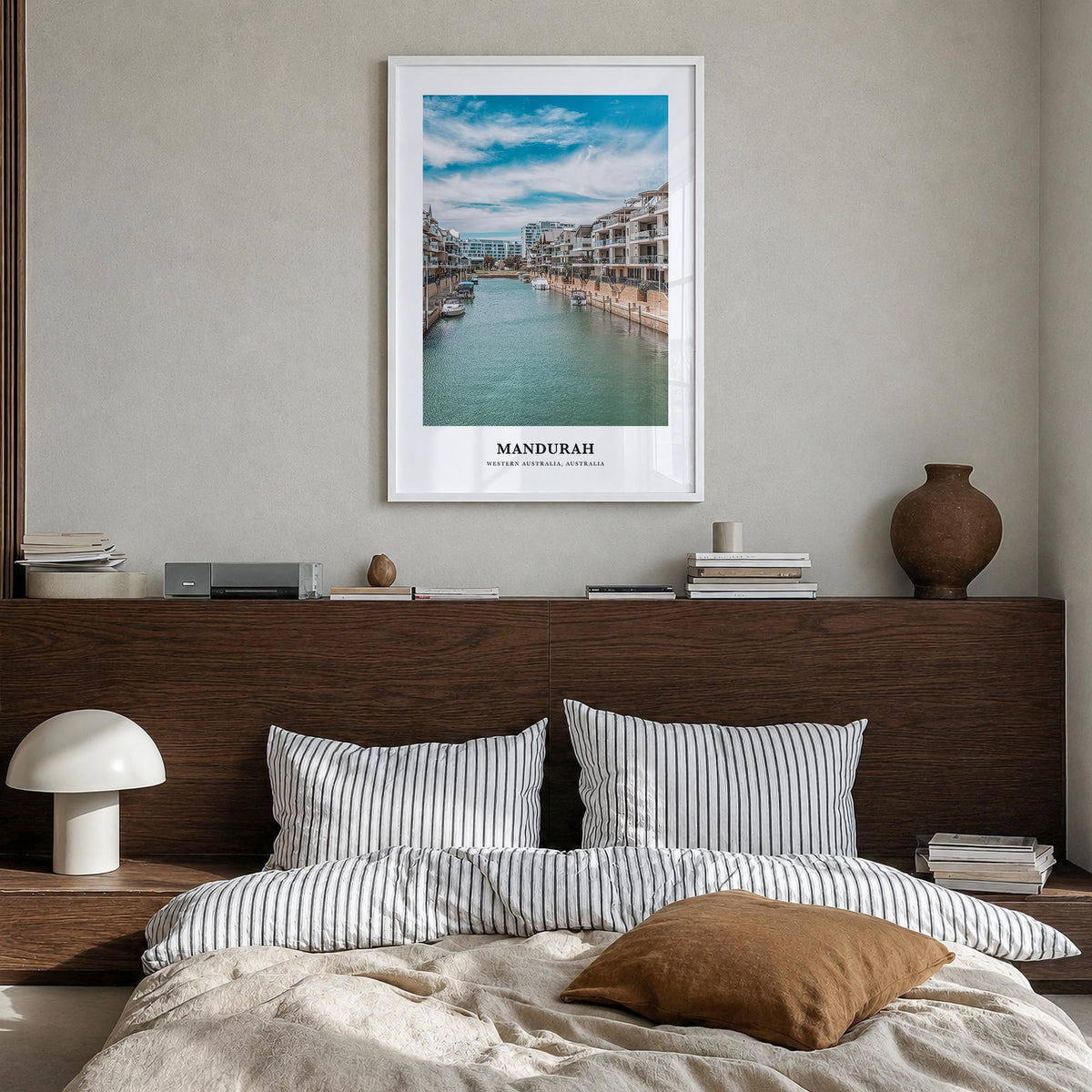 Mandurah colorful classic poster of Australia – vertical wall art in white wood frame, hanging on wall