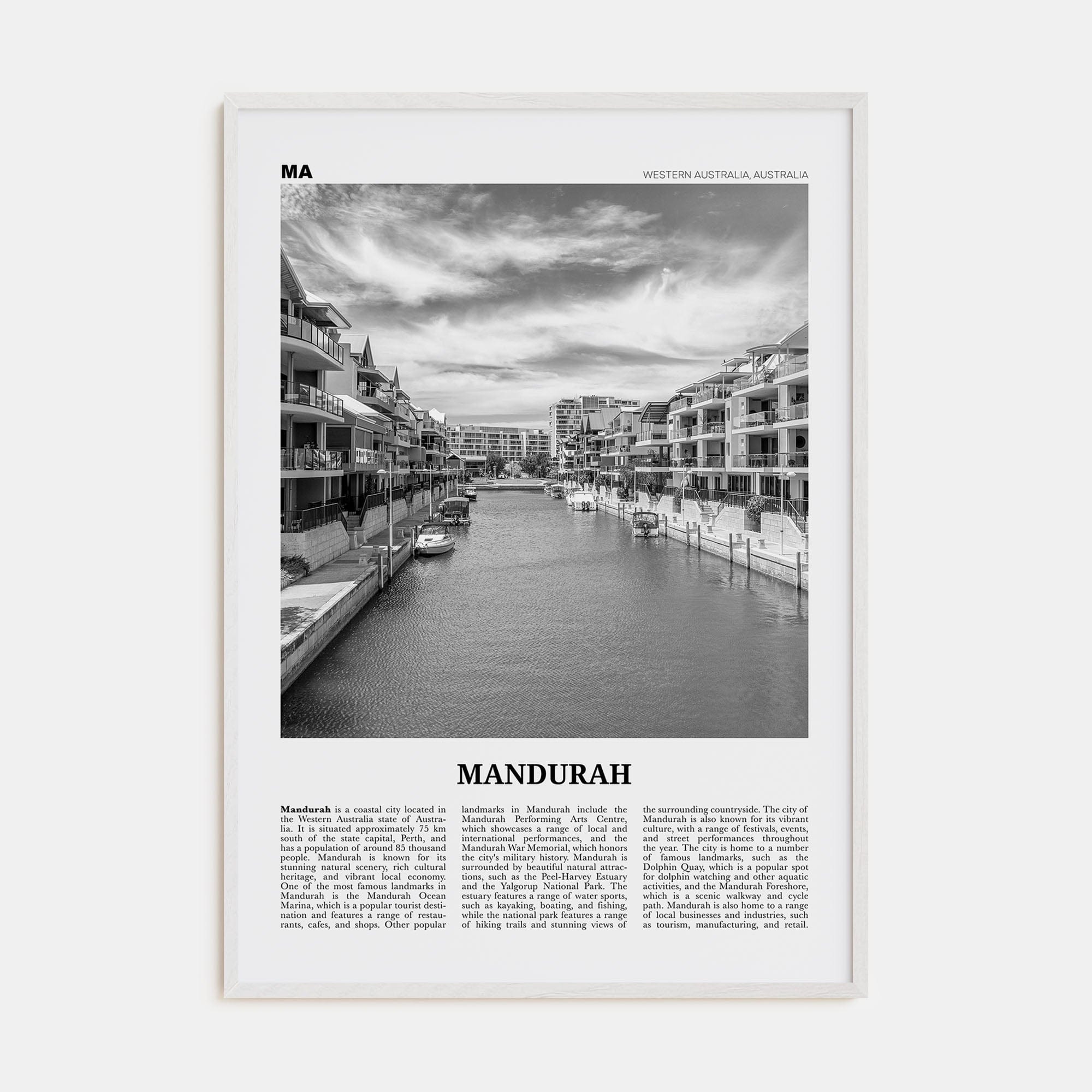 Mandurah Poster White Wood / 8x12 in Nbourhood Travel B&W Poster