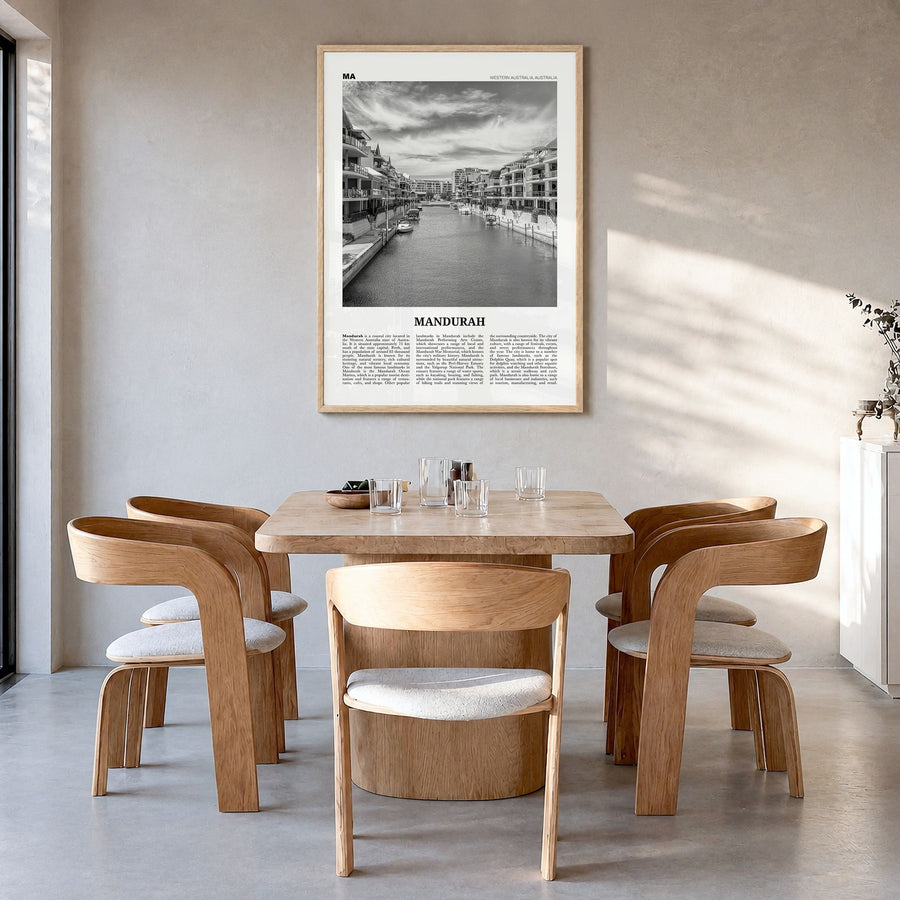 Mandurah Newspaper Poster in a natural wood frame, hanging in a dining room