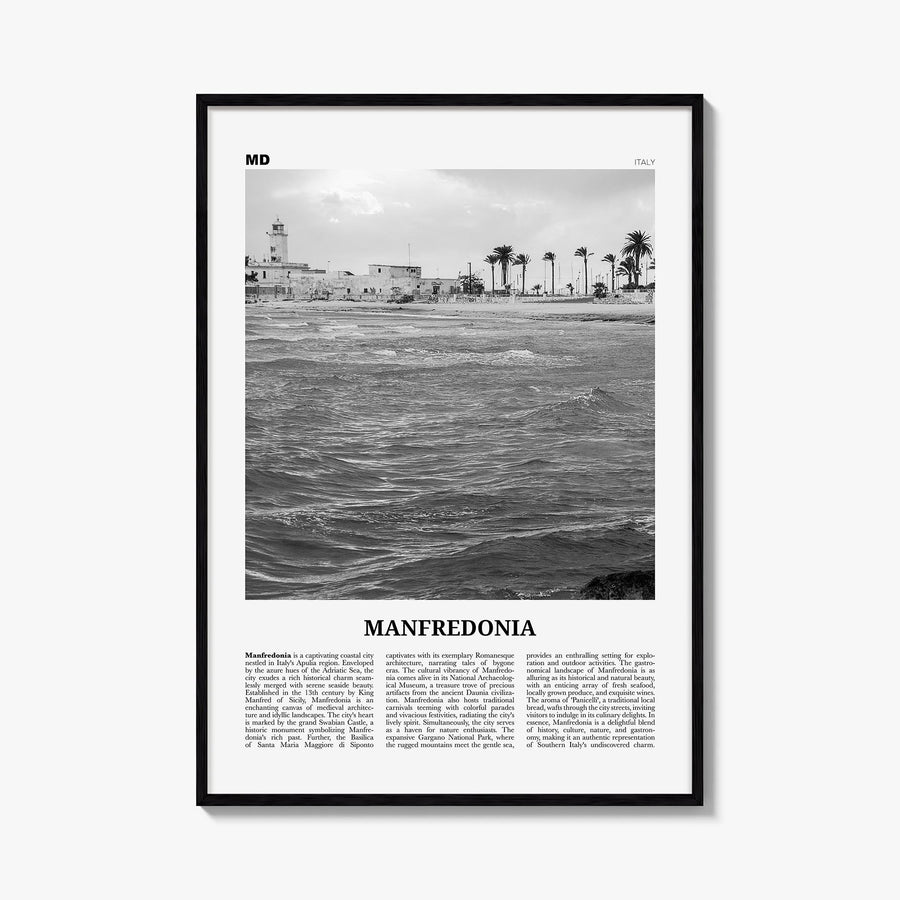 Manfredonia black & white newspaper poster of Italy – vertical wall art, unframed print shown in interior mockup