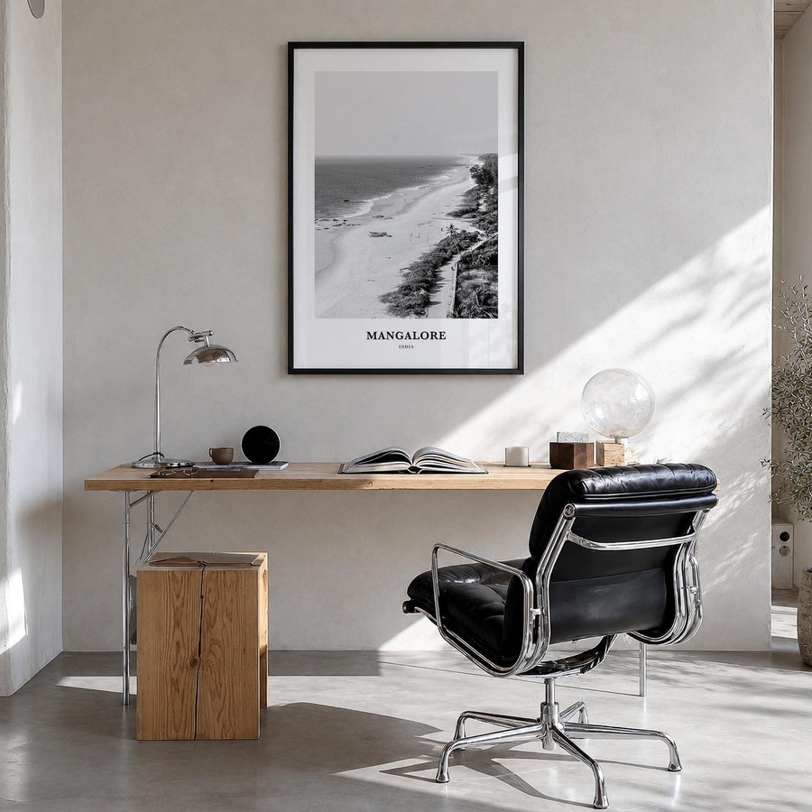 Mangalore black & white classic poster of India – vertical wall art in black wood frame, hanging on wall