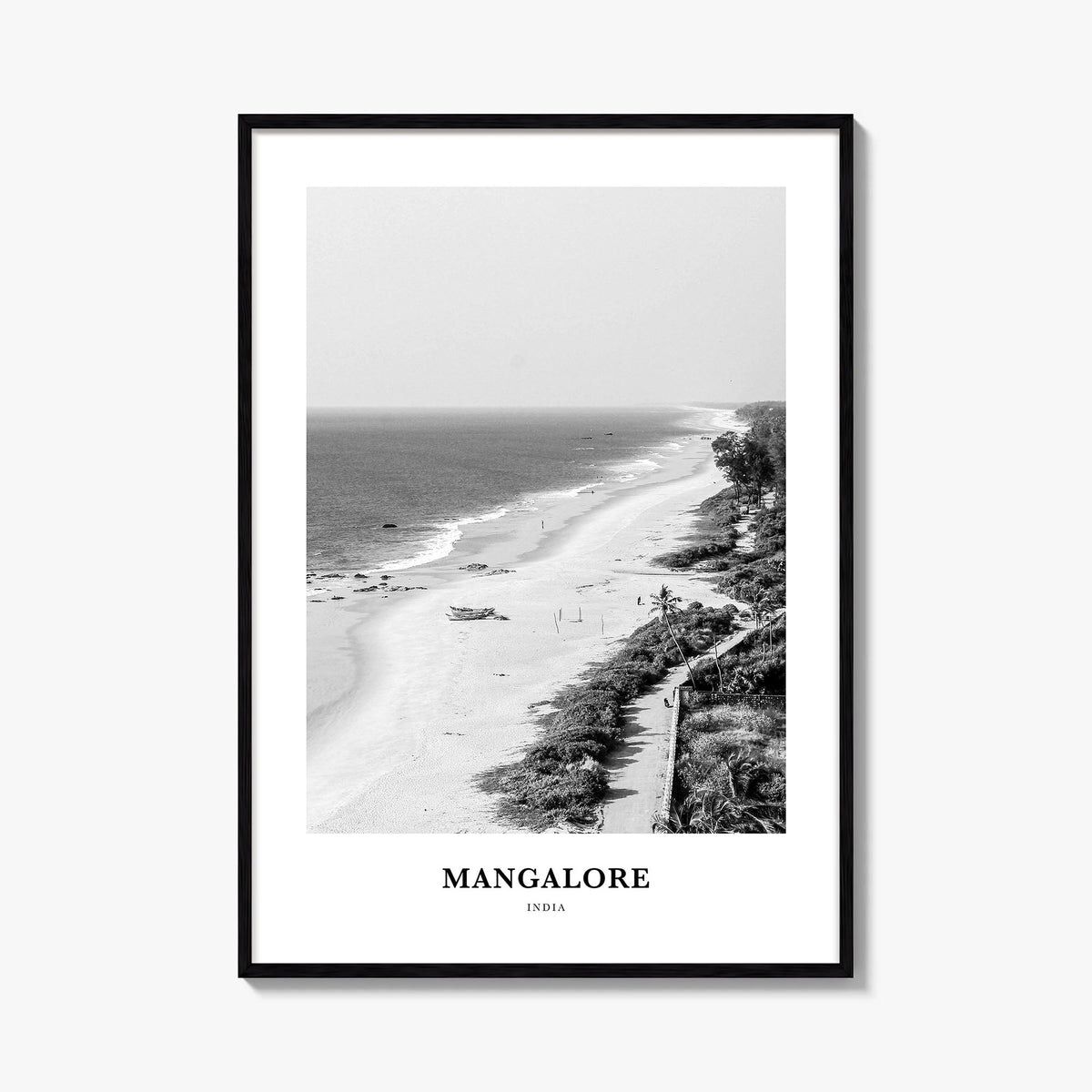 Mangalore black & white classic poster of India – vertical wall art, unframed print shown in interior mockup