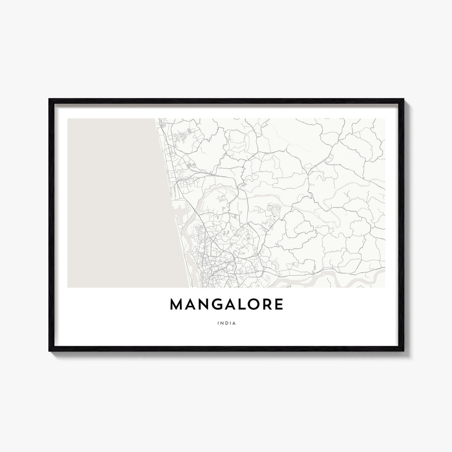 Mangalore black & white map poster of India – horizontal wall art, unframed print shown in interior mockup