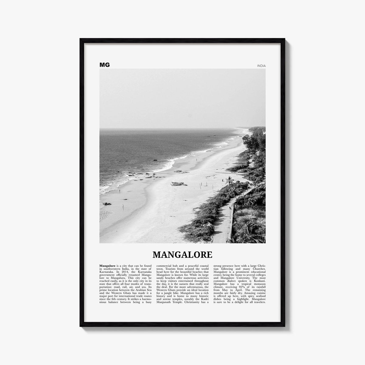 Mangalore black & white newspaper poster of India – vertical wall art, unframed print shown in interior mockup