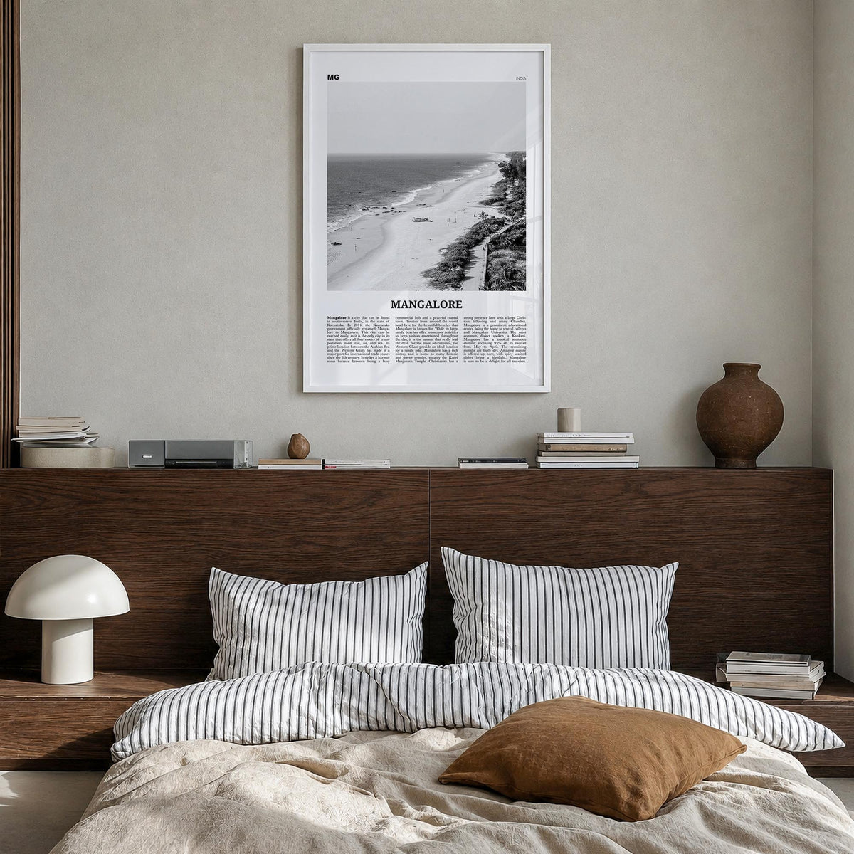 Mangalore black & white newspaper poster of India – vertical wall art in white wood frame, hanging on wall