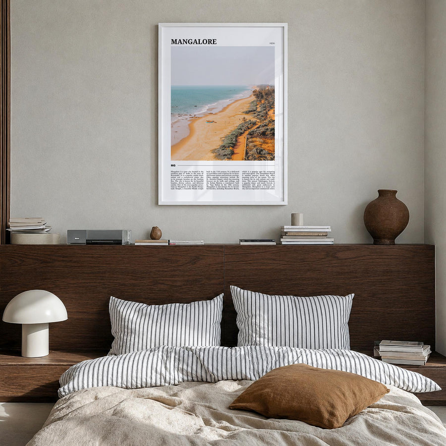 Mangalore colorful travel poster of India – vertical wall art in white wood frame, hanging on wall