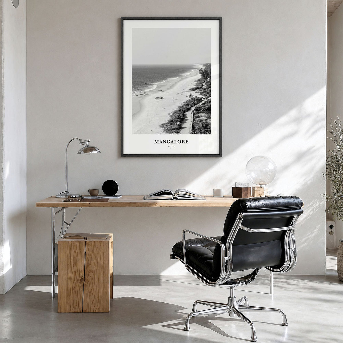 Mangalore Classic Poster in a black wood frame, hanging in a bright home office
