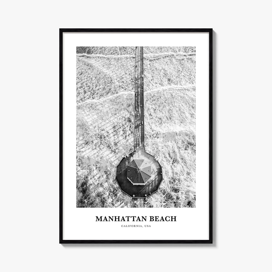 Manhattan Beach black & white classic poster of California, USA – vertical wall art, unframed print shown in interior mockup