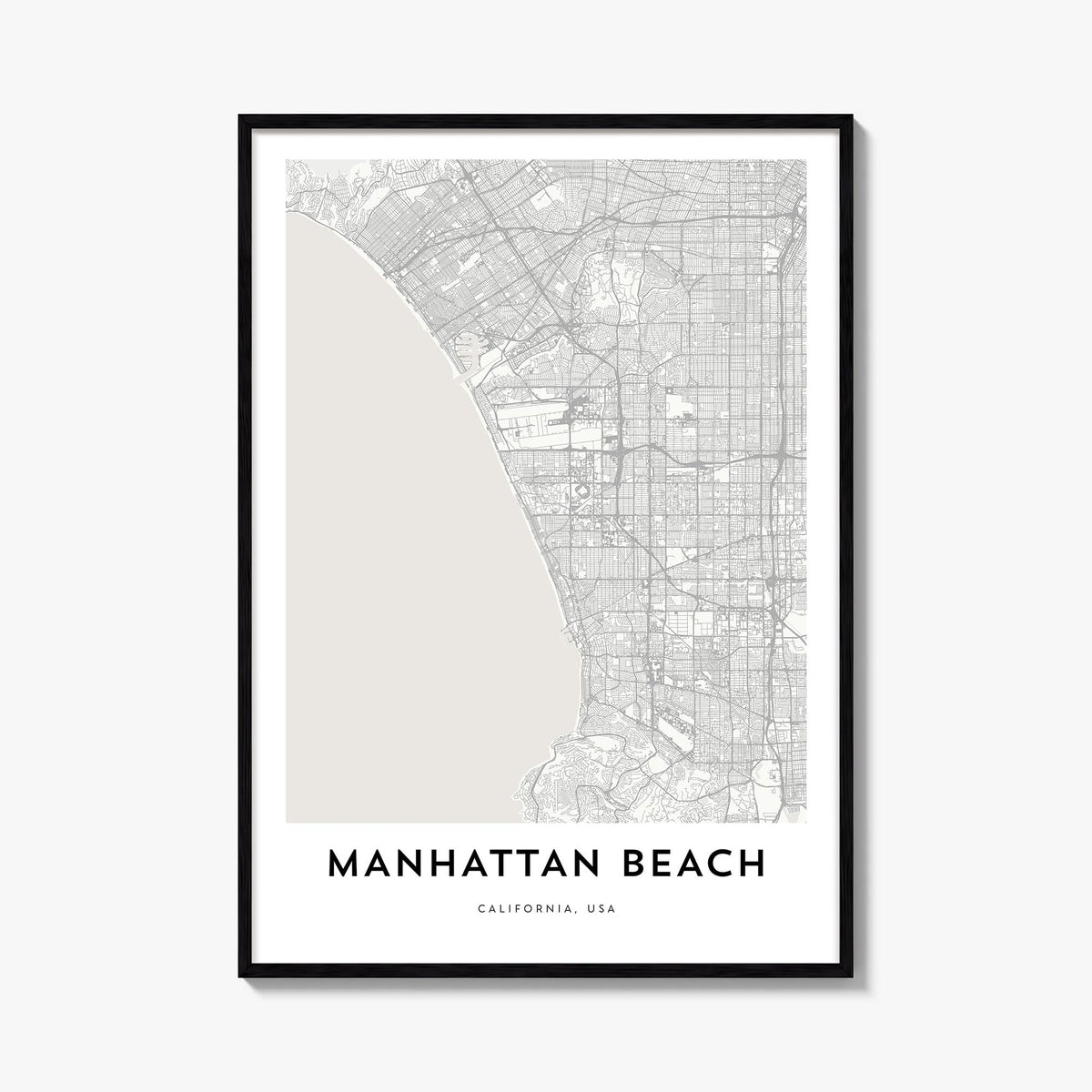 Manhattan Beach black & white map poster of California, USA – vertical wall art, unframed print shown in interior mockup
