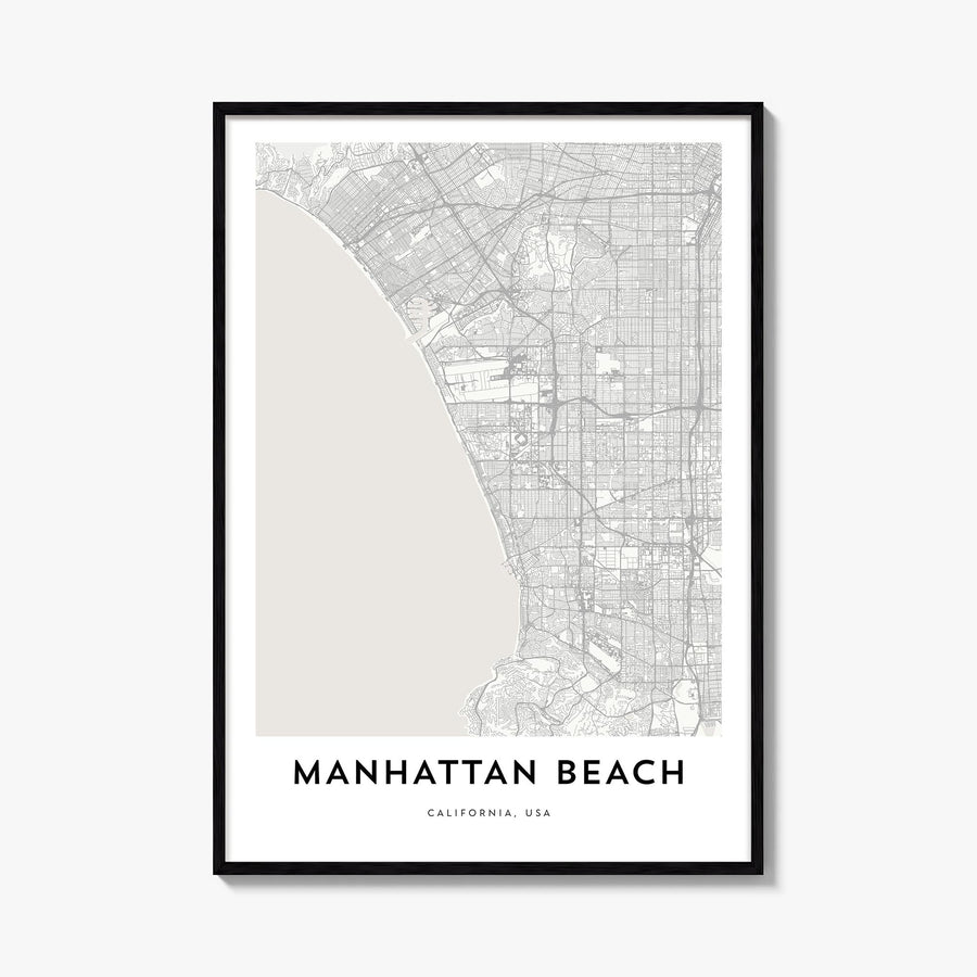 Manhattan Beach black & white map poster of California, USA – vertical wall art, unframed print shown in interior mockup
