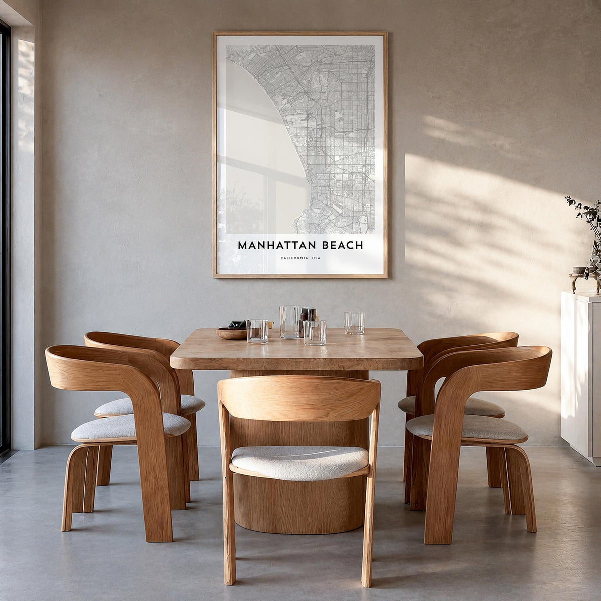Manhattan Beach black & white map poster of California, USA – vertical wall art in natural wood frame, hanging on wall