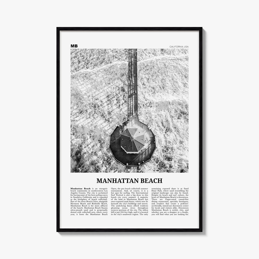Manhattan Beach black & white newspaper poster of California, USA – vertical wall art, unframed print shown in interior mocku