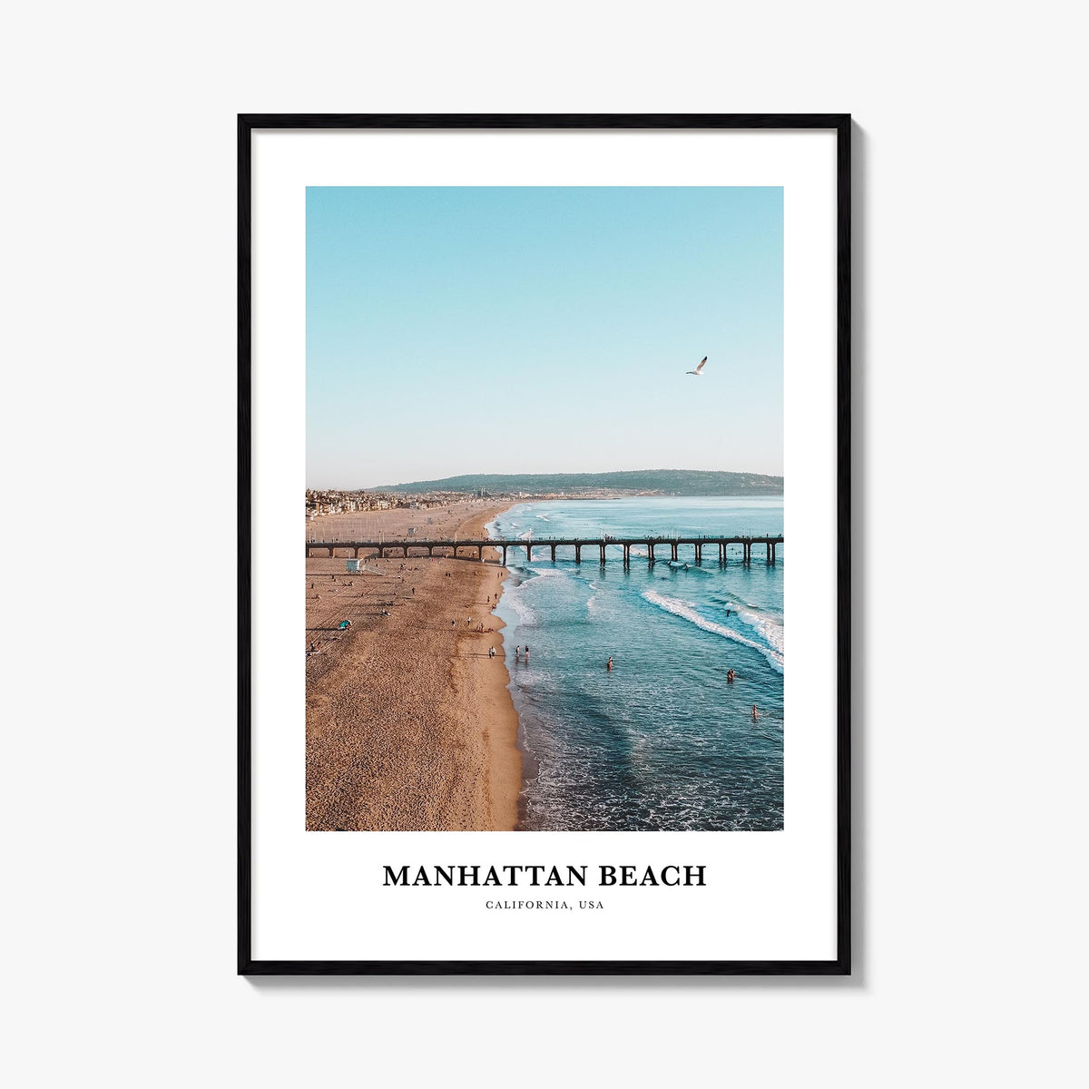 Manhattan Beach colorful classic poster of California, USA – vertical wall art, unframed print shown in interior mockup