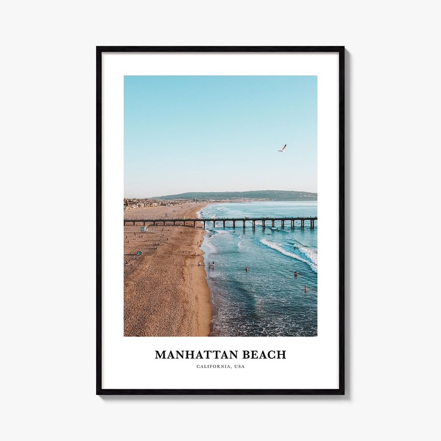Manhattan Beach colorful classic poster of California, USA – vertical wall art, unframed print shown in interior mockup
