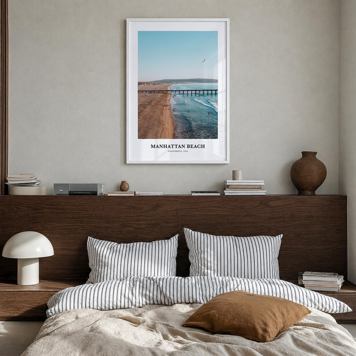 Manhattan Beach colorful classic poster of California, USA – vertical wall art in white wood frame, hanging on wall