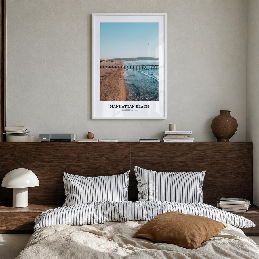 Manhattan Beach colorful classic poster of California, USA – vertical wall art in white wood frame, hanging on wall