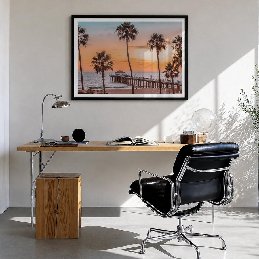 Manhattan Beach colorful photo poster of California, USA – horizontal wall art in black wood frame with white border, hanging