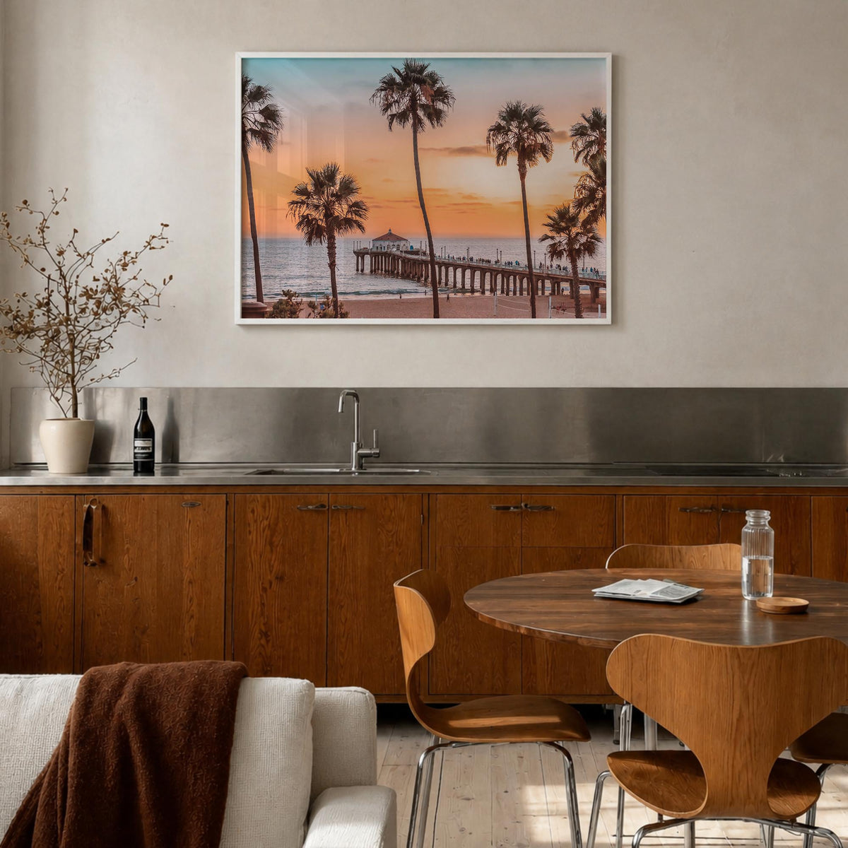 Manhattan Beach colorful photo poster of California, USA – horizontal wall art in white wood frame, hanging on wall