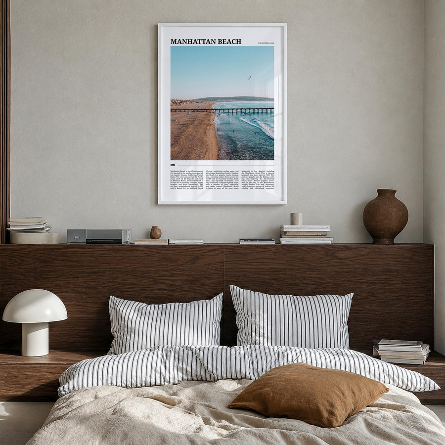 Manhattan Beach colorful travel poster of California, USA – vertical wall art in white wood frame, hanging on wall