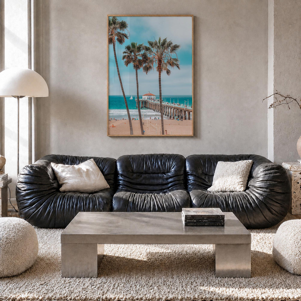 Manhattan Beach no. 1 colorful photo poster of California, USA – vertical wall art in natural wood frame, hanging on wall