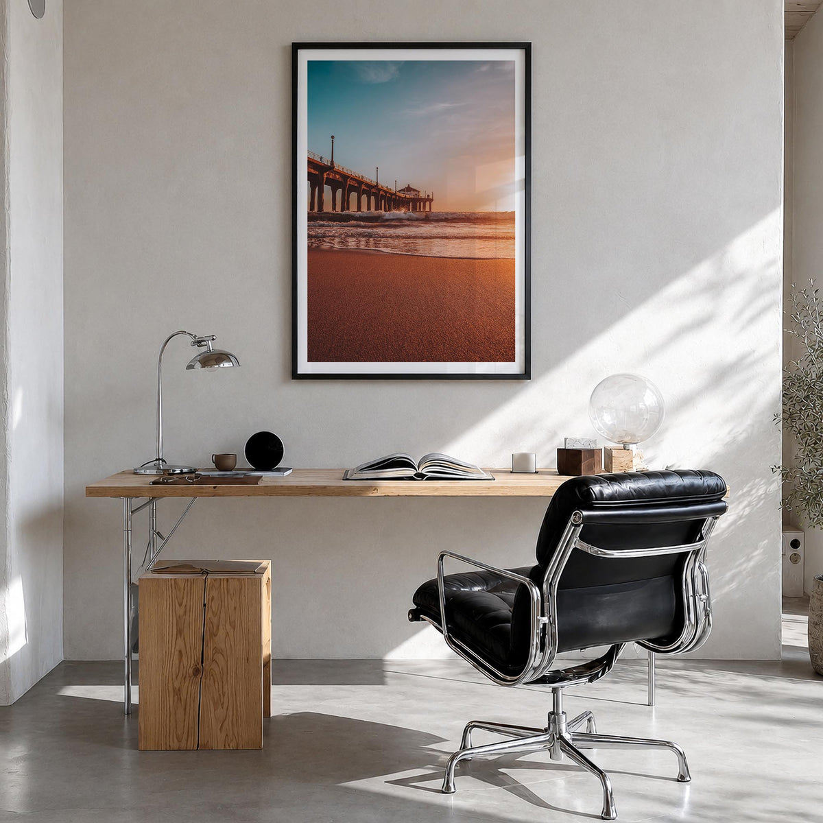 Manhattan Beach no. 2 colorful photo poster of California, USA – vertical wall art in black wood frame with white border, han