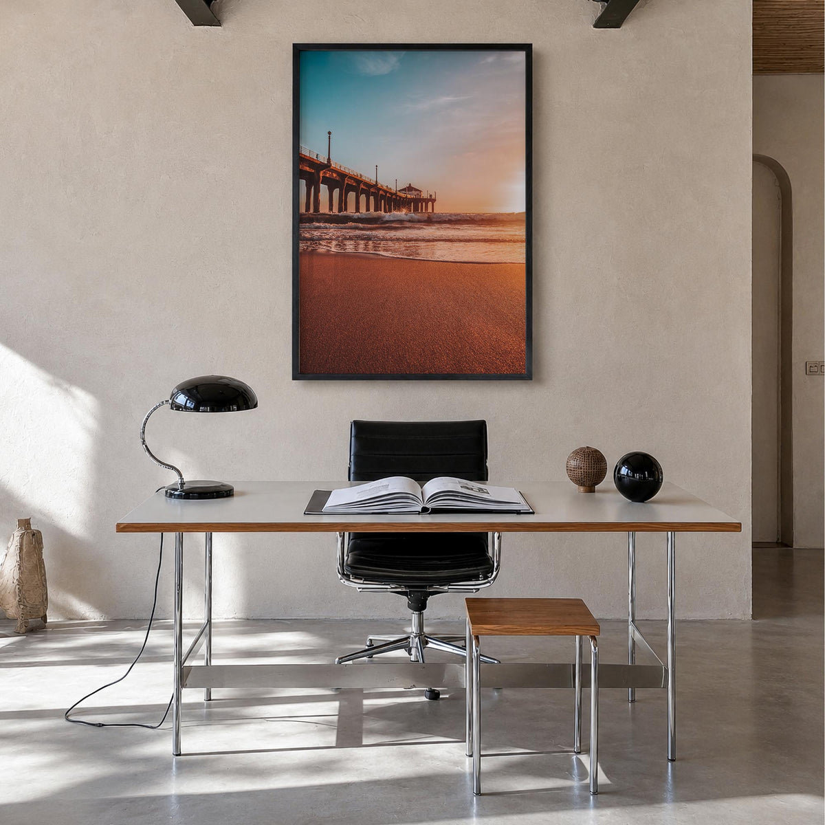 Manhattan Beach no. 2 colorful photo poster of California, USA – vertical wall art in black wood frame, hanging on wall