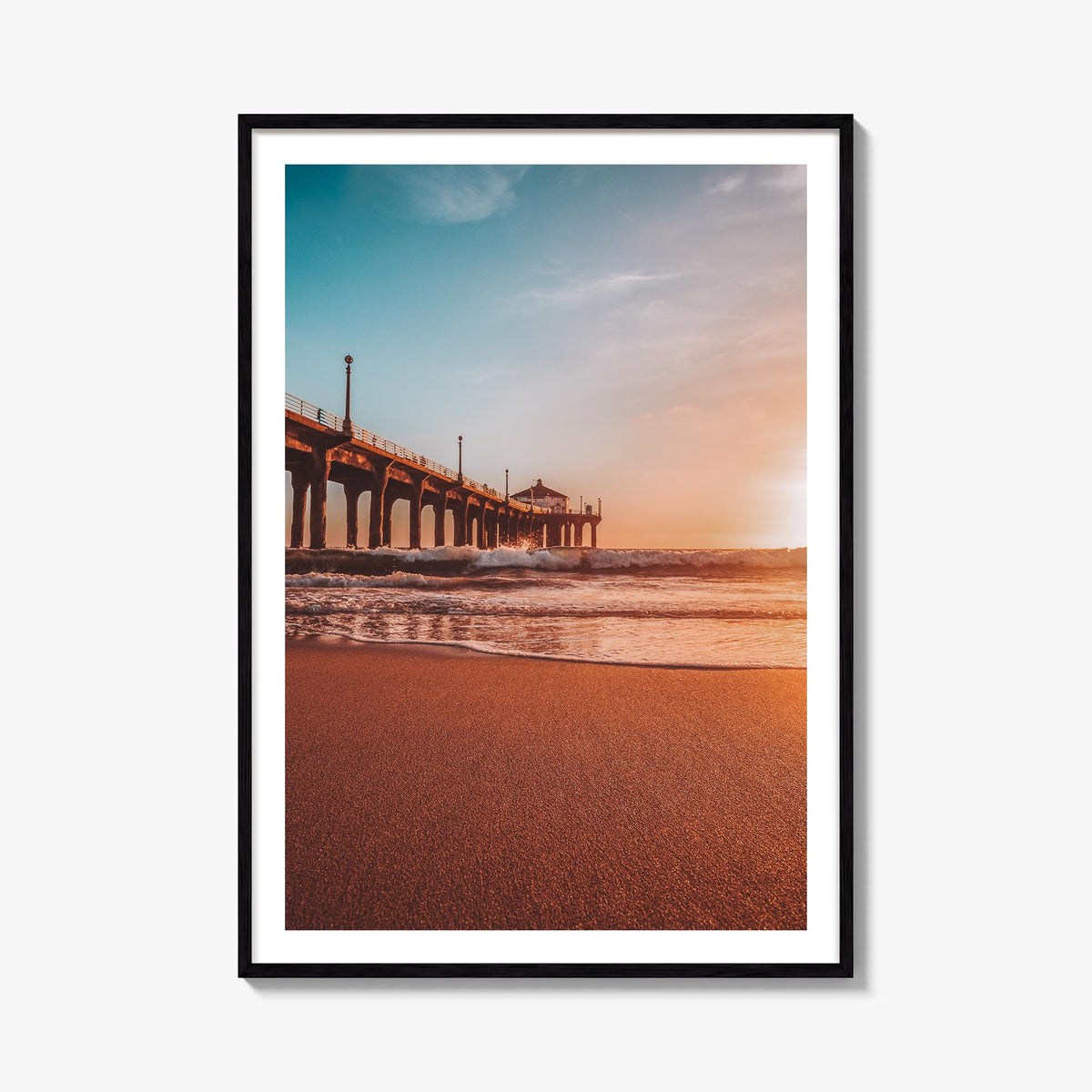 Manhattan Beach no. 2 colorful photo poster of California, USA – vertical wall art, unframed print shown in interior mockup