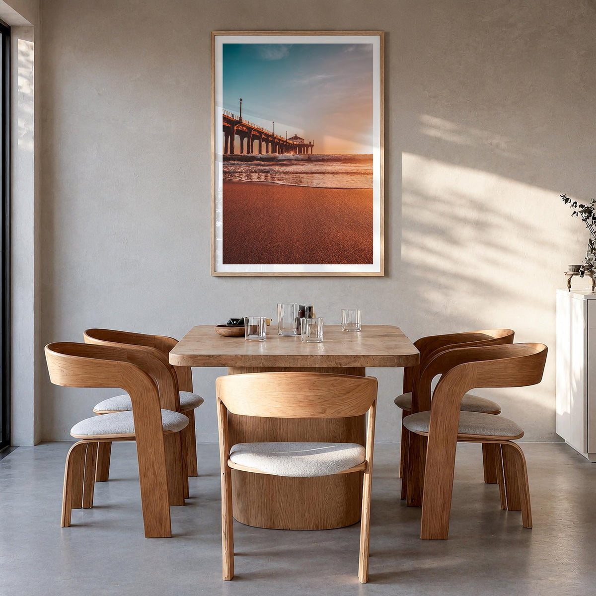Manhattan Beach no. 2 colorful photo poster of California, USA – vertical wall art in natural wood frame with white border, h