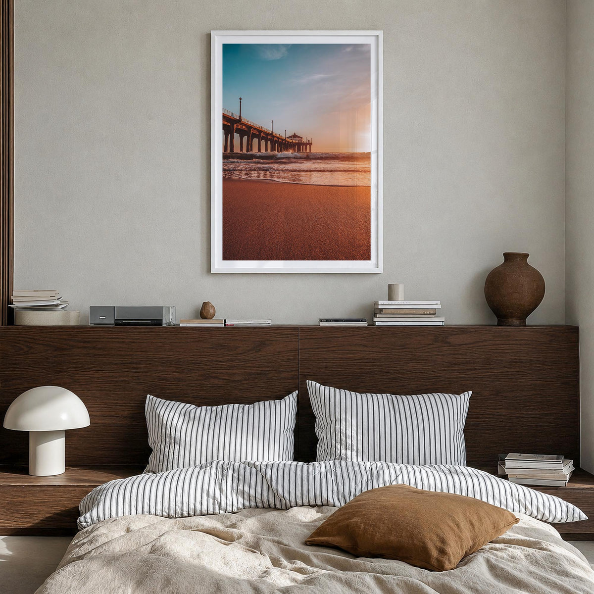 Manhattan Beach no. 2 colorful photo poster of California, USA – vertical wall art in white wood frame with white border, han