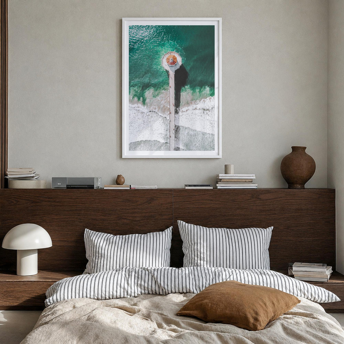 Manhattan Beach no. 3 colorful photo poster of California, USA – vertical wall art in white wood frame with white border, han