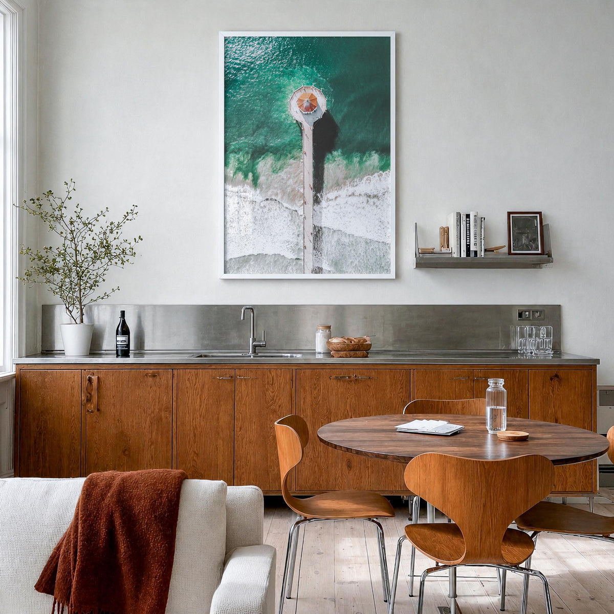 Manhattan Beach no. 3 colorful photo poster of California, USA – vertical wall art in white wood frame, hanging on wall