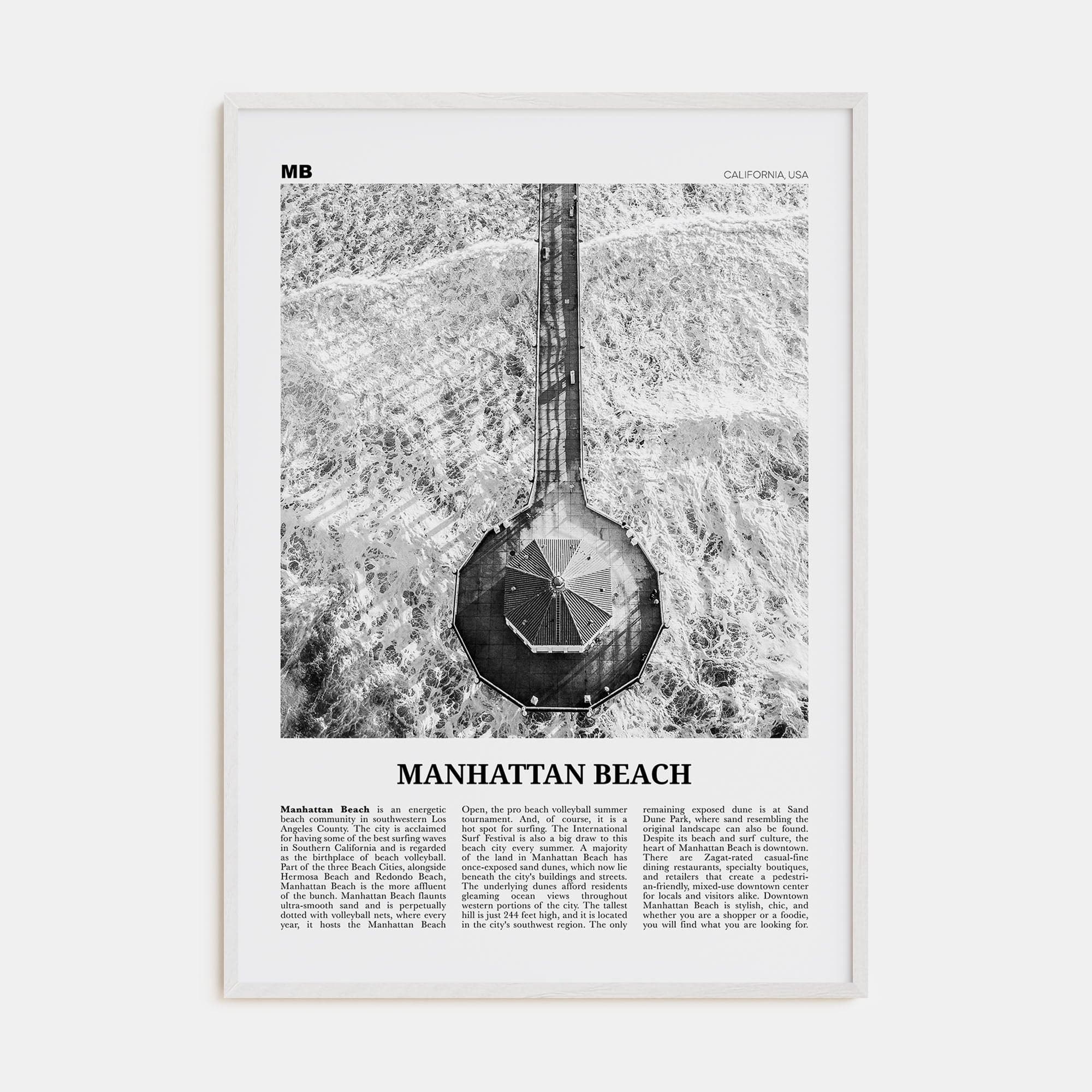 Manhattan Beach Poster White Wood / 8x12 in Nbourhood Travel B&W Poster