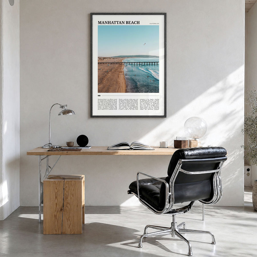 Manhattan Beach Travel Poster in a black wood frame, hanging in a bright home office