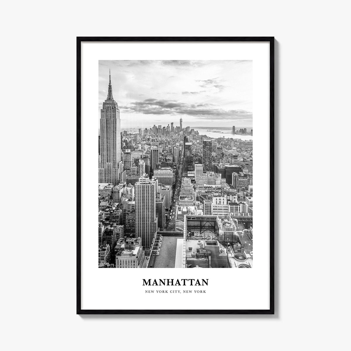 Manhattan black & white classic poster of New York City, New York – vertical wall art, unframed print shown in interior mocku