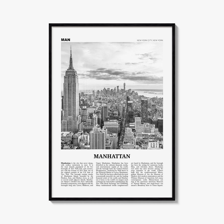 Manhattan black & white newspaper poster of New York City, New York – vertical wall art, unframed print shown in interior moc