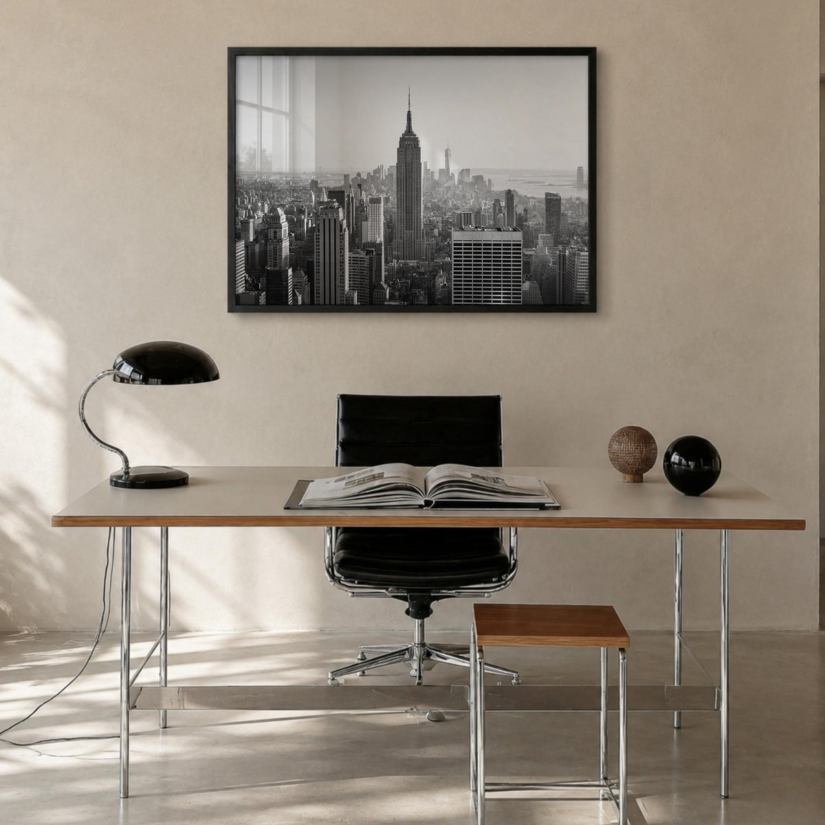 Manhattan black & white photo poster of New York City, New York – horizontal wall art in black wood frame, hanging on wall